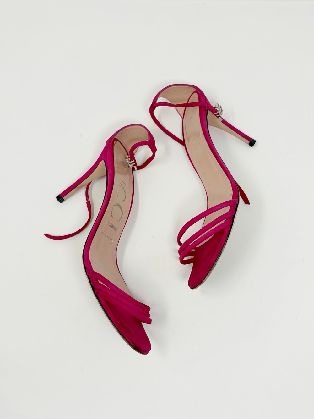 Gucci Ilse Bright Fuxia Pink Suede Crystal GG Logo Ankle Strap Heel Sandal